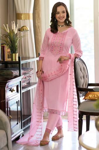 Cotton Embroidered Pink  Straight Suit Free size full stitched Up To 42" Size