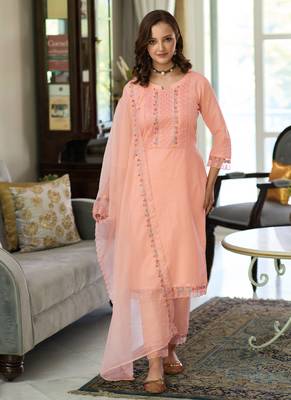 Cotton Embroidered Peach Straight Suit Free size full stitched Up To 42" Size 1
