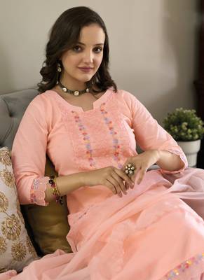 Cotton Embroidered Peach Straight Suit Free size full stitched Up To 42" Size 2