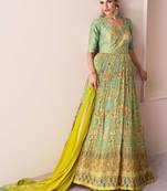 Georgette Embroidered Pista Green Anarkali Suit Free size full stitched Up To 42" Size