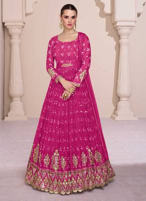 Chinnon Silk Embroidered Pink Semi Stitched Anarkali Suit Up To 42" Size 1