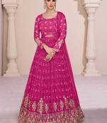 Chinnon Silk Embroidered Pink Semi Stitched Anarkali Suit Up To 42" Size