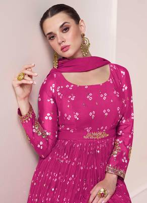 Chinnon Silk Embroidered Pink Semi Stitched Anarkali Suit Up To 42" Size 2