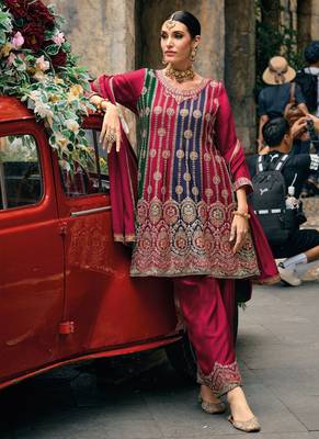 Chinnon Embroidered Wine Semi Stitched Anarkali Suit Up To 42" Size 1