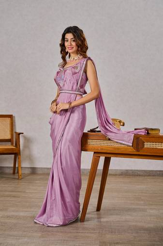Premium ready to wear saree with stitched blouse adorned with embroidery and sequins work ane fixed broach on pallu