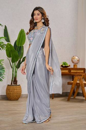 Premium Ready To Wear Saree With Stitched Blouse Adorned With Embroidery And Sequins Work Ane Fixed Broach On Pallu