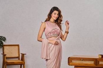 Premium ready to wear saree with stitched blouse adorned with embroidery and sequins work ane fixed broach on pallu 3