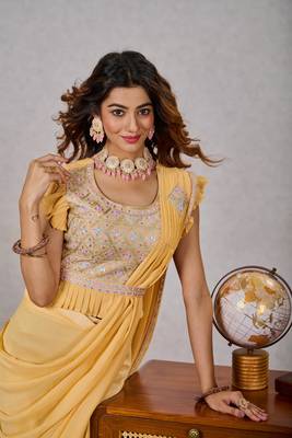 Premium Ready To Wear Saree With Stitched Blouse Adorned With Embroidery And Sequins Work Ane Fixed Broach On Pallu 2