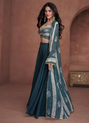 Georgette Embroidered Teal Blue  Palazzo Suit Free size full stitched Up To 42" Size 1