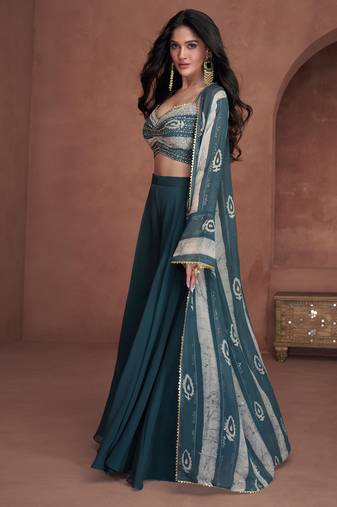 Georgette Embroidered Teal Blue  Palazzo Suit Free size full stitched Up To 42" Size