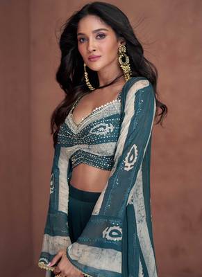 Georgette Embroidered Teal Blue  Palazzo Suit Free size full stitched Up To 42" Size 2