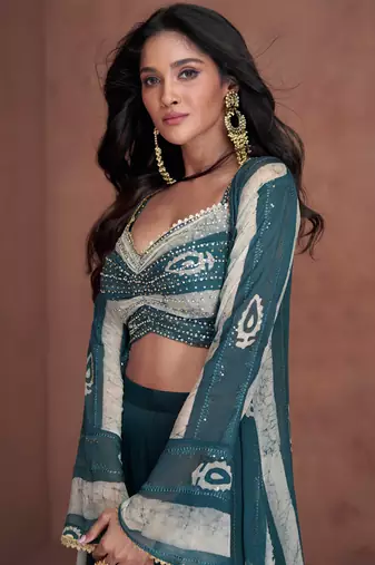 Georgette Embroidered Teal Blue  Palazzo Suit Free size full stitched Up To 42" Size