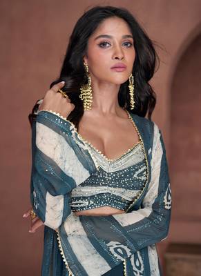 Georgette Embroidered Teal Blue  Palazzo Suit Free size full stitched Up To 42" Size 3