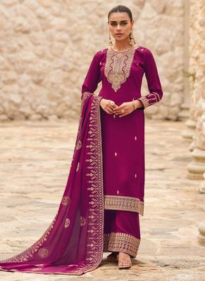 Silk Embroidered Pink  Straight Suit Free size full stitched Up To 42" Size 1