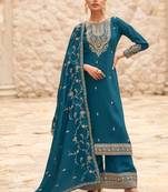 Silk Embroidered Teal Blue Semistitched Straight Suit Up To 42" Size