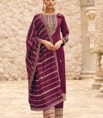 Silk Embroidered Wine  Straight Suit Free size full stitched Up To 42" Size