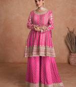 Chinnon Embroidered Pink  Anarkali Suit Free size full stitched Up To 42" Size