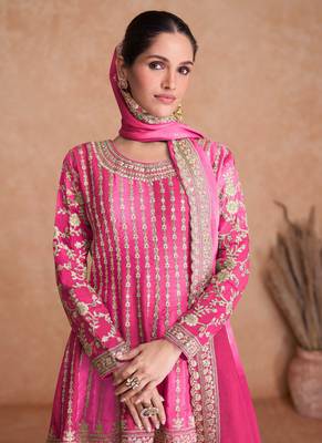 Chinnon Embroidered Pink  Anarkali Suit Free size full stitched Up To 42" Size 2