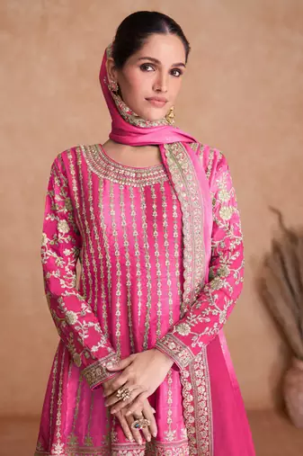 Chinnon Embroidered Pink  Anarkali Suit Free size full stitched Up To 42" Size
