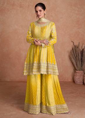 Chinnon Embroidered Mustard Semi Stitched Anarkali Suit Up To 42" Size 1