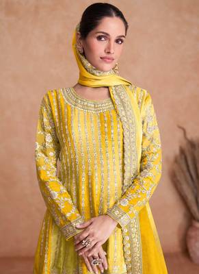 Chinnon Embroidered Mustard Semi Stitched Anarkali Suit Up To 42" Size 2