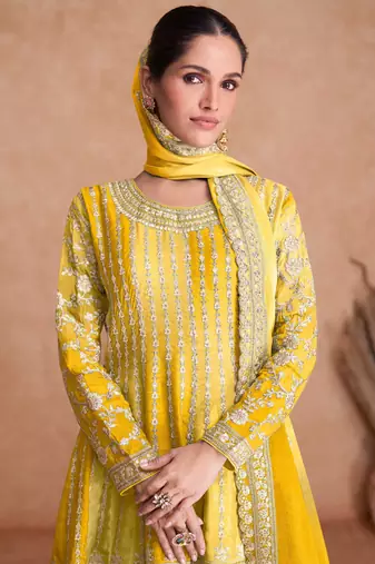 Chinnon Embroidered Mustard Semi Stitched Anarkali Suit Up To 42" Size