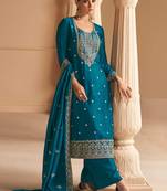 Silk Embroidered Teal Blue  Straight Suit Free size full stitched Up To 42" Size