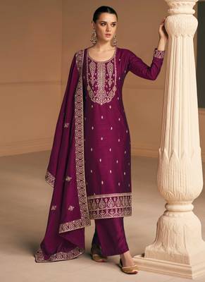 Silk Embroidered Wine  Straight Suit Free size full stitched Up To 42" Size 1