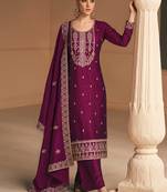 Silk Embroidered Wine  Straight Suit Free size full stitched Up To 42" Size