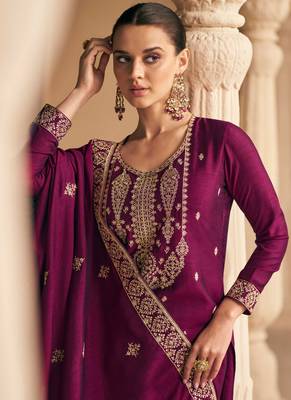 Silk Embroidered Wine  Straight Suit Free size full stitched Up To 42" Size 2