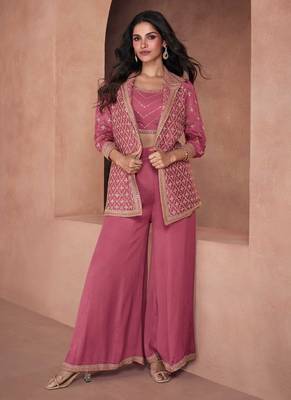 Chinnon Embroidered Rose Gold Semi Stitched Palazzo Suit Up To 42" Size 1