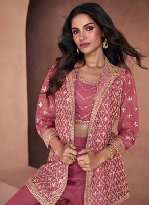 Chinnon Embroidered Rose Gold Semi Stitched Palazzo Suit Up To 42" Size 2