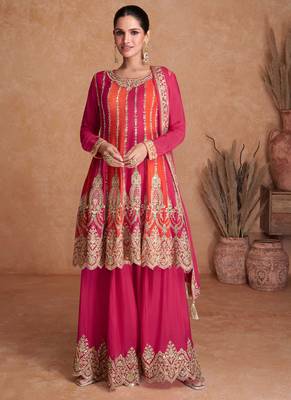 Chinnon Embroidered Pink  Anarkali Suit. (Size Upto 42) Free size full stitched Up To 42" Size 1