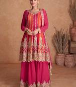 Chinnon Embroidered Pink  Anarkali Suit. (Size Upto 42) Free size full stitched Up To 42" Size