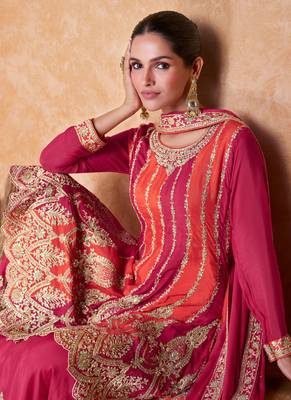 Chinnon Embroidered Pink  Anarkali Suit. (Size Upto 42) Free size full stitched Up To 42" Size 2