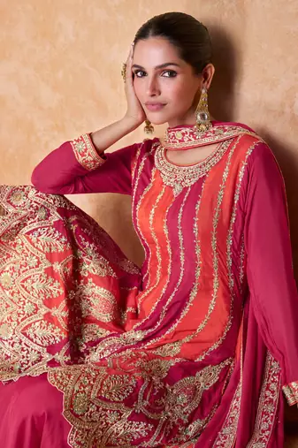 Chinnon Embroidered Pink  Anarkali Suit. (Size Upto 42) Free size full stitched Up To 42" Size