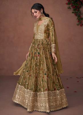 Organza Silk Embroidered Green Anarkali Suit Free size full stitched Up To 42" Size 1