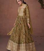 Organza Silk Embroidered Green Anarkali Suit Free size full stitched Up To 42" Size