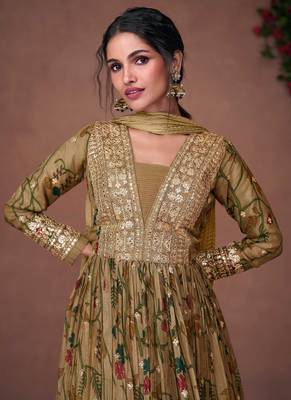 Organza Silk Embroidered Green Anarkali Suit Free size full stitched Up To 42" Size 2