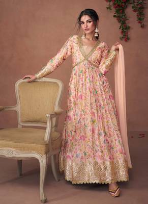 Light Pink Organza Silk Embroidered Anarkali Suit with Chiffon Dupatta(Size Up to 42") 1