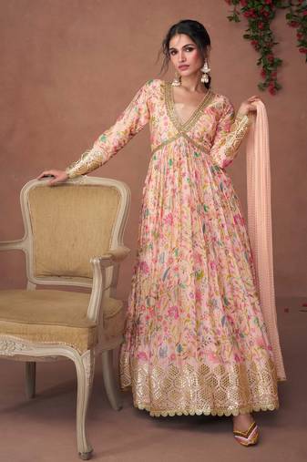 Light Pink Organza Silk Embroidered Anarkali Suit with Chiffon Dupatta