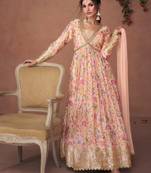Light Pink Organza Silk Embroidered Anarkali Suit with Chiffon Dupatta(Size Up to 42")