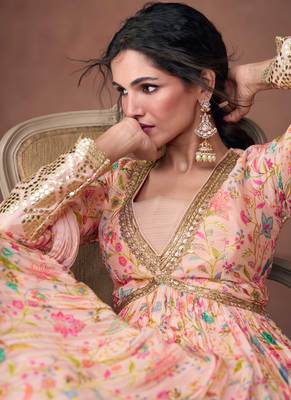 Light Pink Organza Silk Embroidered Anarkali Suit with Chiffon Dupatta(Size Up to 42") 2