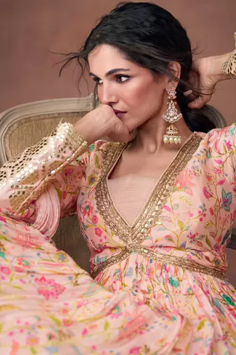 Light Pink Organza Silk Embroidered Anarkali Suit with Chiffon Dupatta(Size Up to 42")