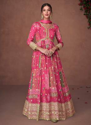 Organza Silk Embroidered Pink Anarkali Suit Free size full stitched Up To 42" Size 1