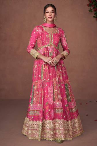 Organza Silk Embroidered Pink  Anarkali Suit Free size full stitched Up To 42" Size