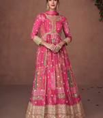 Organza Silk Embroidered Pink Anarkali Suit Free size full stitched Up To 42" Size
