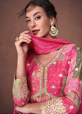 Organza Silk Embroidered Pink Anarkali Suit Free size full stitched Up To 42" Size 2