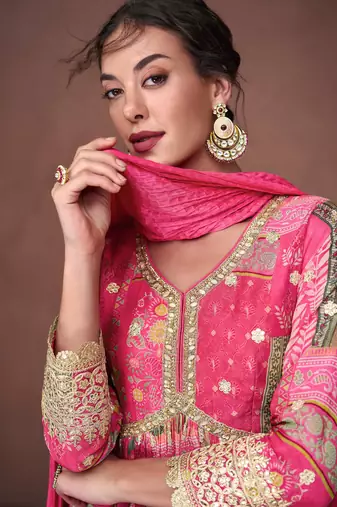 Organza Silk Embroidered Pink Anarkali Suit Free size full stitched Up To 42" Size