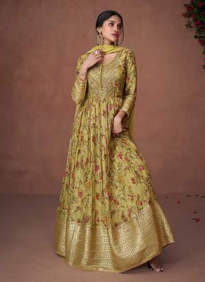 Organza Silk Embroidered Green Anarkali Suit Free size full stitched Up To 42" Size 1